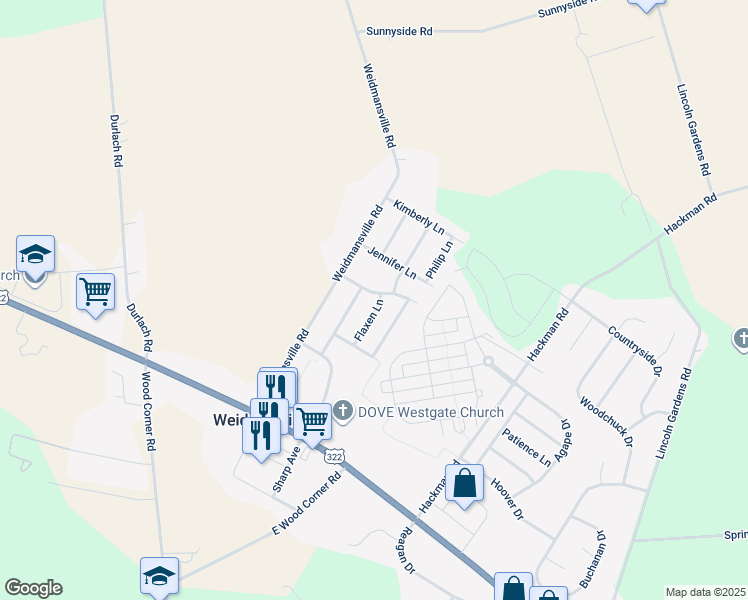 map of restaurants, bars, coffee shops, grocery stores, and more near 418 Flaxen Lane in Ephrata