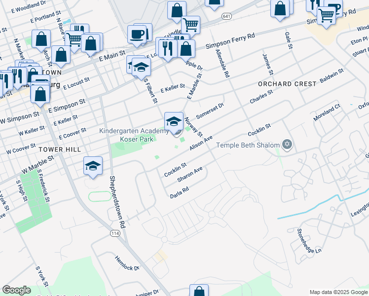 map of restaurants, bars, coffee shops, grocery stores, and more near 501 Alison Avenue in Mechanicsburg