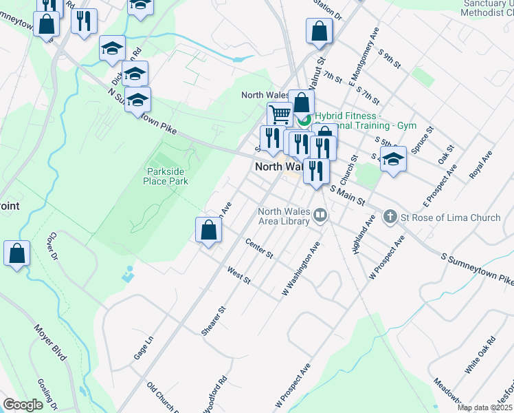 map of restaurants, bars, coffee shops, grocery stores, and more near 304 West Walnut Street in North Wales