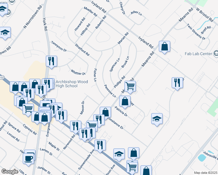 map of restaurants, bars, coffee shops, grocery stores, and more near 507 Penrose Lane in Warminster