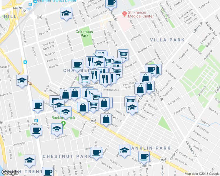 map of restaurants, bars, coffee shops, grocery stores, and more near 113 Ashmore Avenue in Trenton