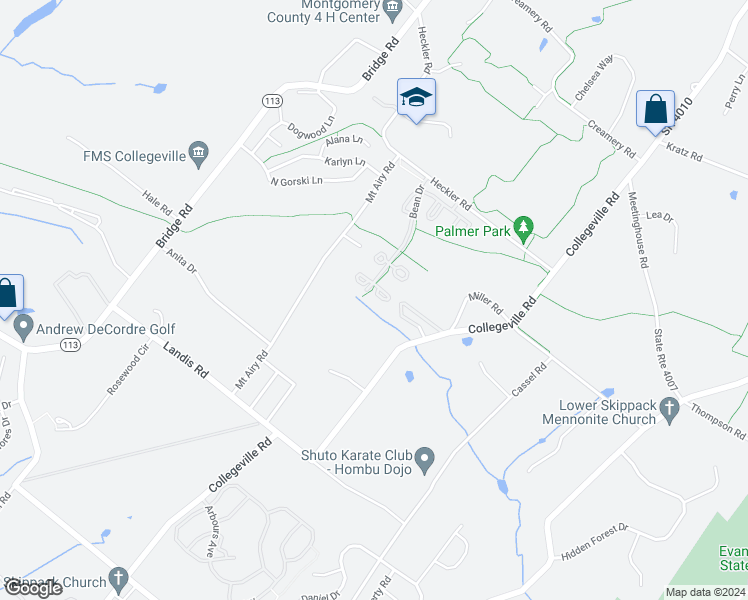 map of restaurants, bars, coffee shops, grocery stores, and more near 3946 Palmer Court in Collegeville