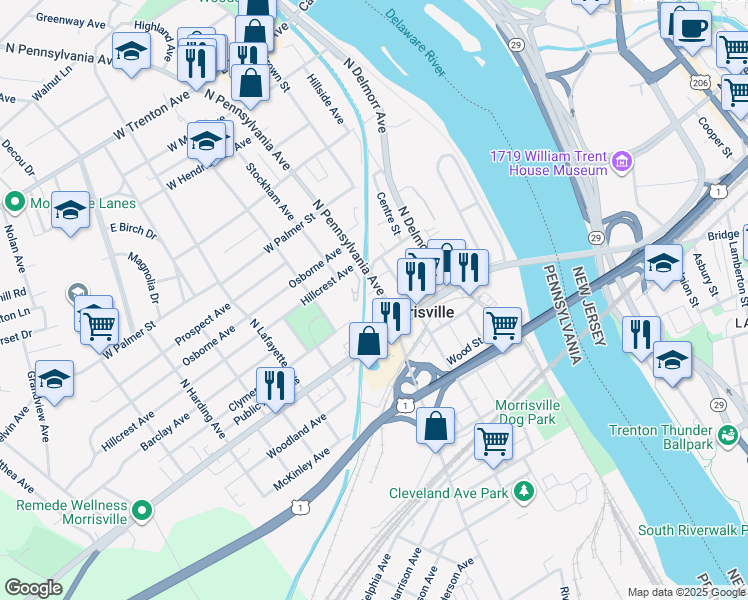 map of restaurants, bars, coffee shops, grocery stores, and more near 55 North Pennsylvania Avenue in Morrisville