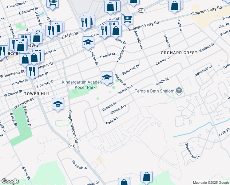 map of restaurants, bars, coffee shops, grocery stores, and more near 501 Alison Avenue in Mechanicsburg