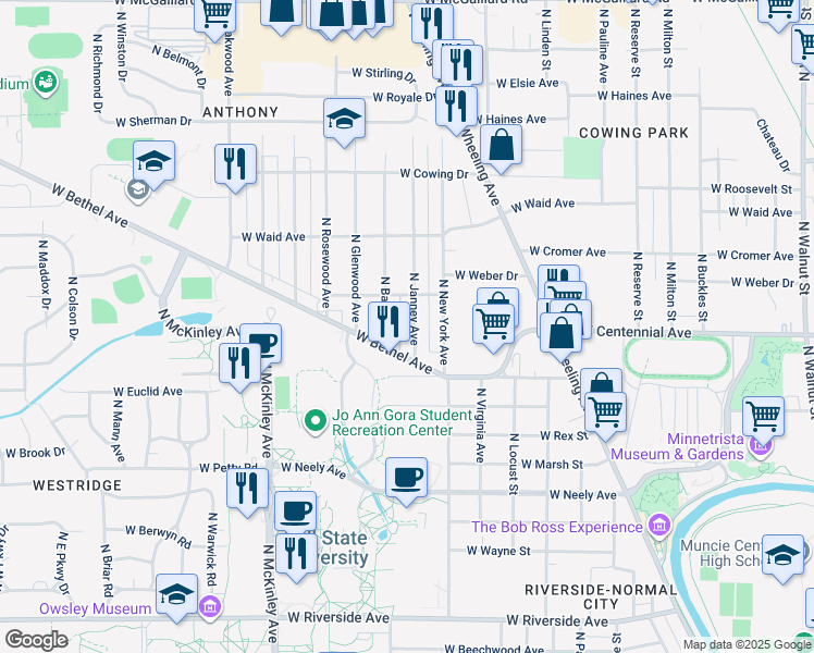 map of restaurants, bars, coffee shops, grocery stores, and more near 1619 North Janney Avenue in Muncie
