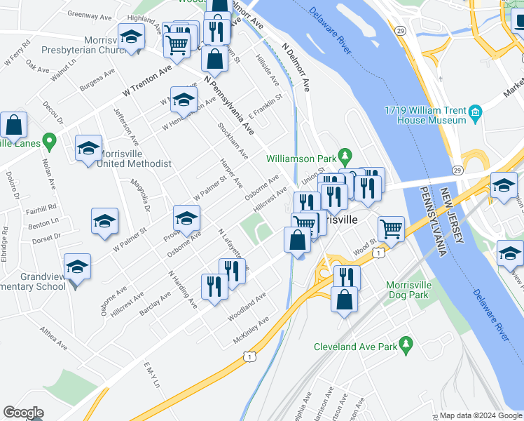 map of restaurants, bars, coffee shops, grocery stores, and more near 159 Hillcrest Avenue in Yardley