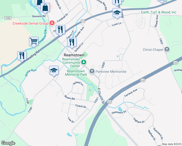 map of restaurants, bars, coffee shops, grocery stores, and more near 53 East Church Street in Stevens