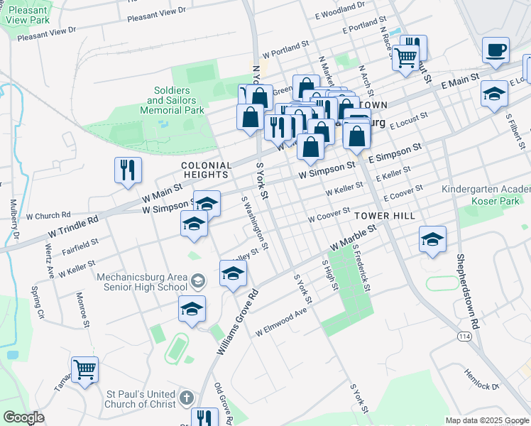 map of restaurants, bars, coffee shops, grocery stores, and more near 300 S York St in Mechanicsburg