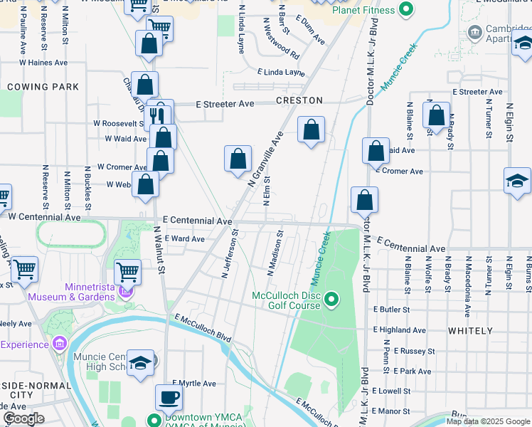 map of restaurants, bars, coffee shops, grocery stores, and more near 1710 N Elm St in Muncie