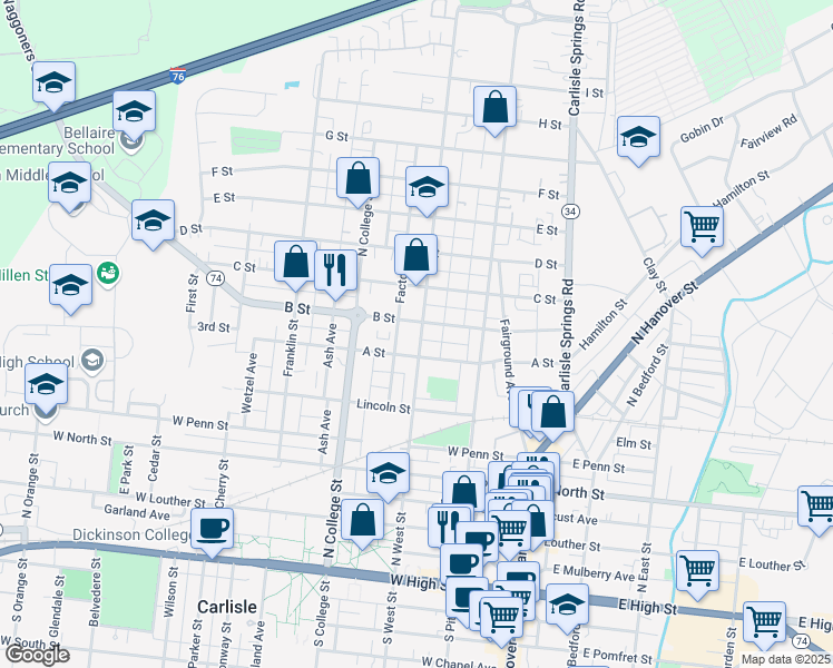 map of restaurants, bars, coffee shops, grocery stores, and more near 520 North West Street in Carlisle
