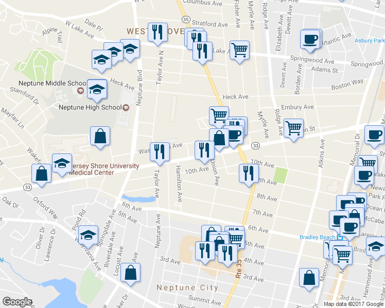 map of restaurants, bars, coffee shops, grocery stores, and more near 1517 Corlies Avenue in Neptune City