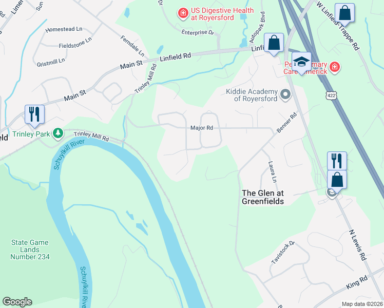 map of restaurants, bars, coffee shops, grocery stores, and more near 68 Grandview Dr in Royersford
