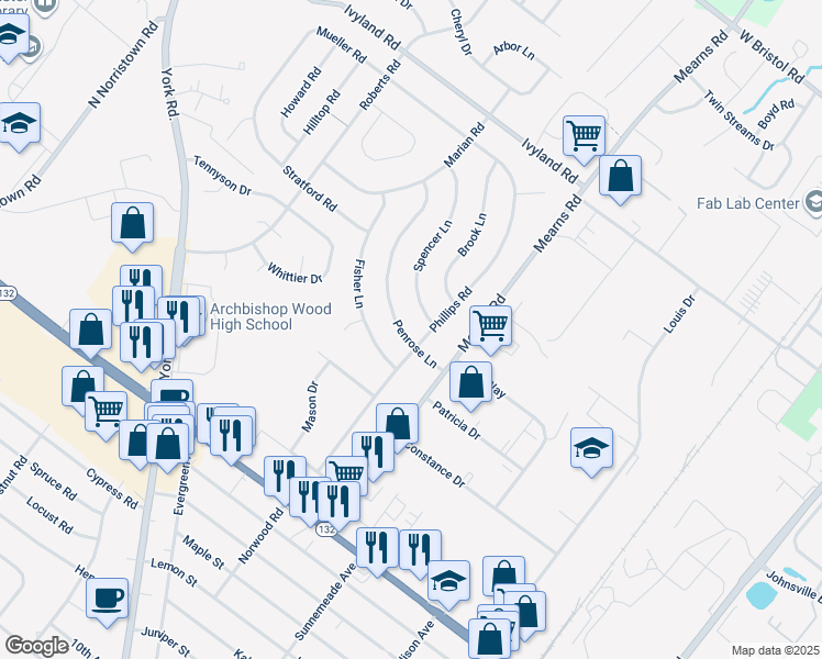 map of restaurants, bars, coffee shops, grocery stores, and more near 507 Penrose Lane in Warminster