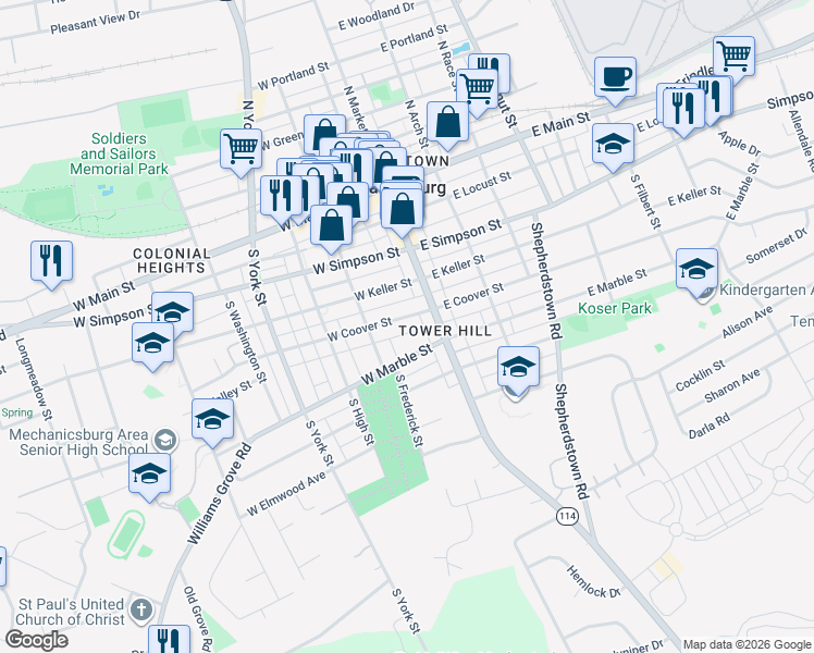 map of restaurants, bars, coffee shops, grocery stores, and more near 13 West Coover Street in Mechanicsburg