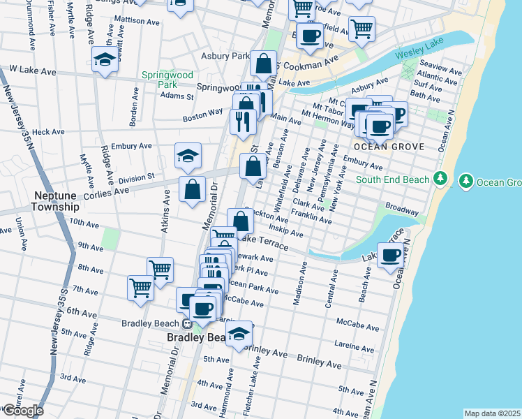map of restaurants, bars, coffee shops, grocery stores, and more near 139 Stockton Avenue in Neptune Township