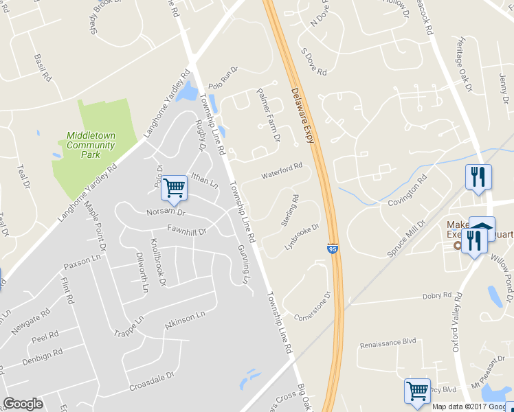 map of restaurants, bars, coffee shops, grocery stores, and more near 4003 Sterling Road in Yardley