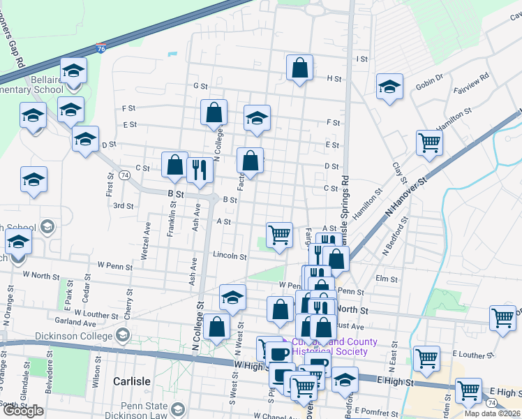 map of restaurants, bars, coffee shops, grocery stores, and more near 520 North West Street in Carlisle