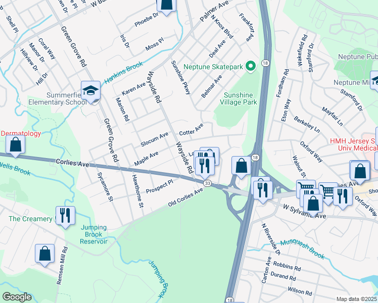 map of restaurants, bars, coffee shops, grocery stores, and more near 229 Laurel Place in Neptune City