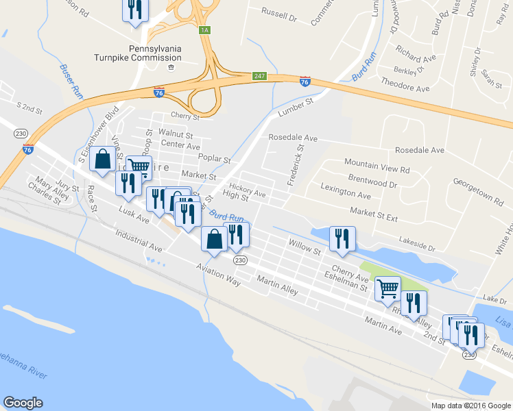 map of restaurants, bars, coffee shops, grocery stores, and more near 389 High Street in Highspire