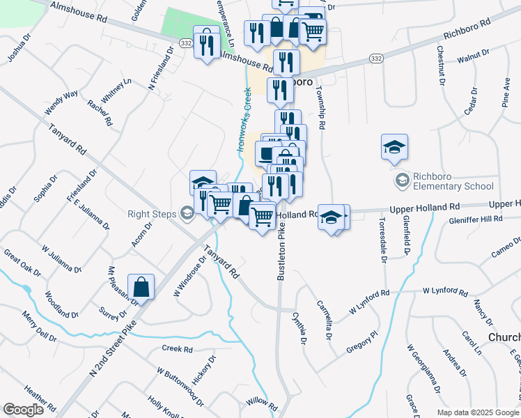 map of restaurants, bars, coffee shops, grocery stores, and more near 725 2nd Street Pike in Richboro