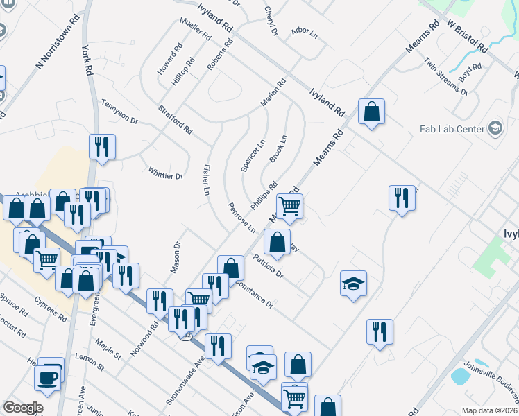 map of restaurants, bars, coffee shops, grocery stores, and more near 803 Phillips Road in Warminster