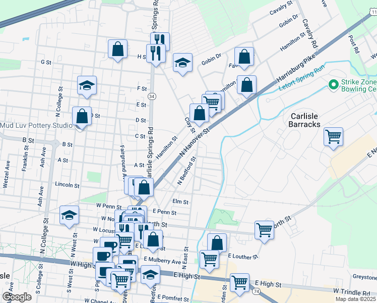 map of restaurants, bars, coffee shops, grocery stores, and more near 629 North Hanover Street in Carlisle