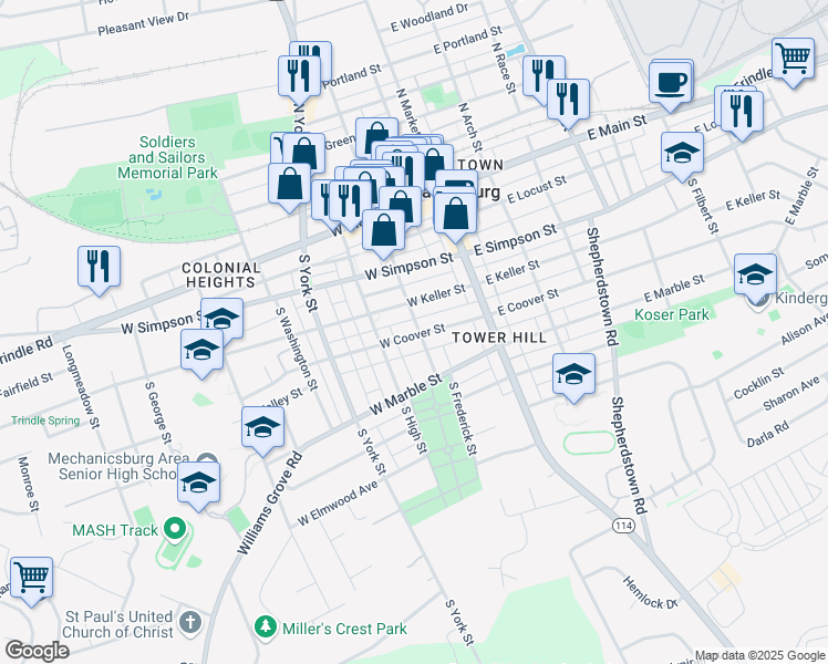 map of restaurants, bars, coffee shops, grocery stores, and more near 320 South Frederick Street in Mechanicsburg
