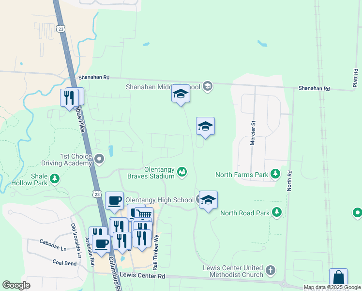 map of restaurants, bars, coffee shops, grocery stores, and more near 745 Redwood Lane in Lewis Center
