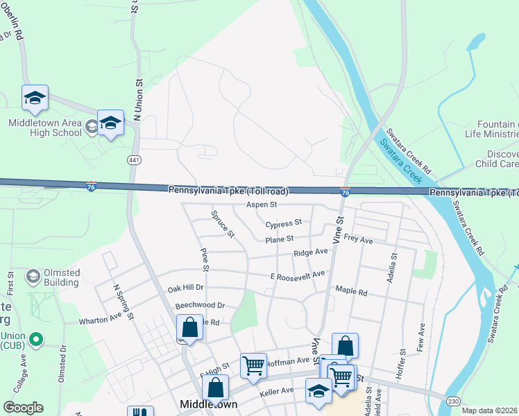 map of restaurants, bars, coffee shops, grocery stores, and more near 328 Aspen Street in Middletown