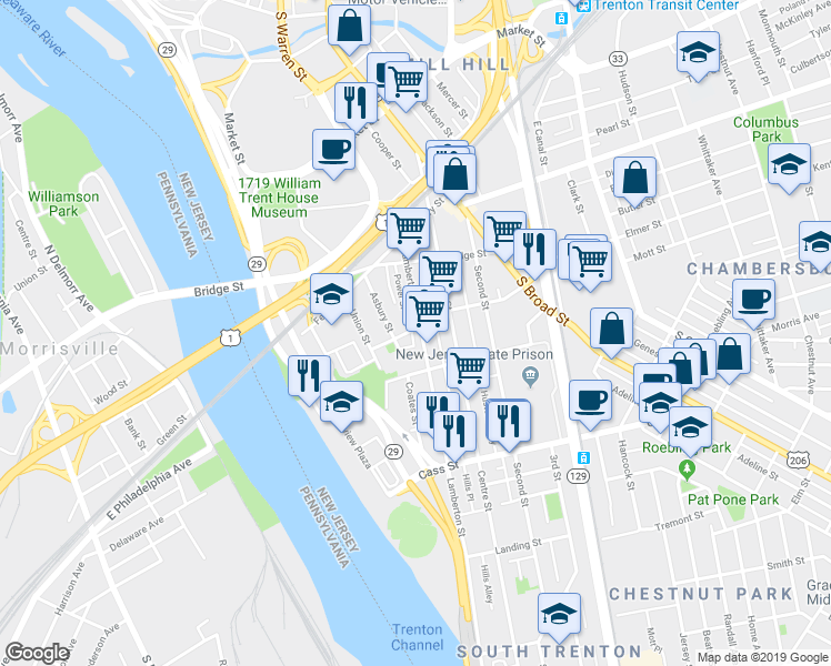 map of restaurants, bars, coffee shops, grocery stores, and more near 100 Asbury Street in Trenton