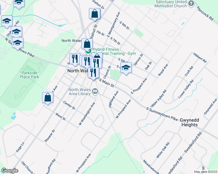 map of restaurants, bars, coffee shops, grocery stores, and more near 112 Washington Avenue in North Wales