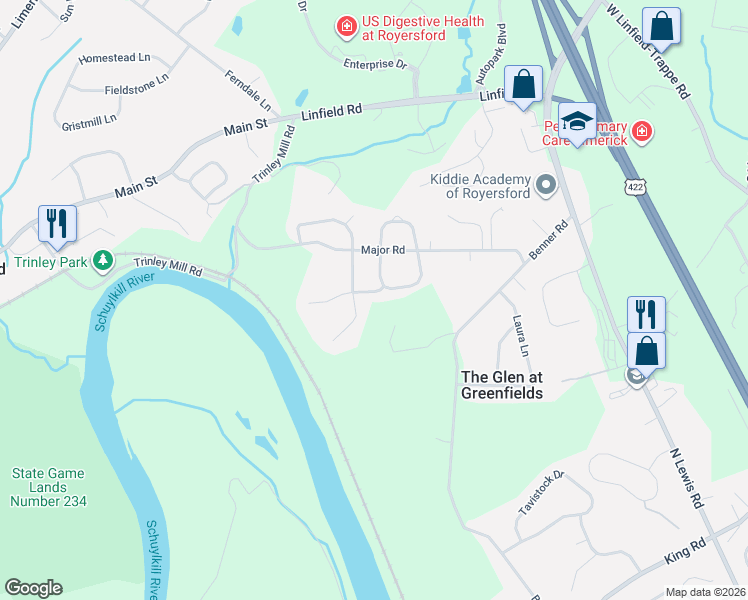 map of restaurants, bars, coffee shops, grocery stores, and more near 68 Grandview Drive in Royersford