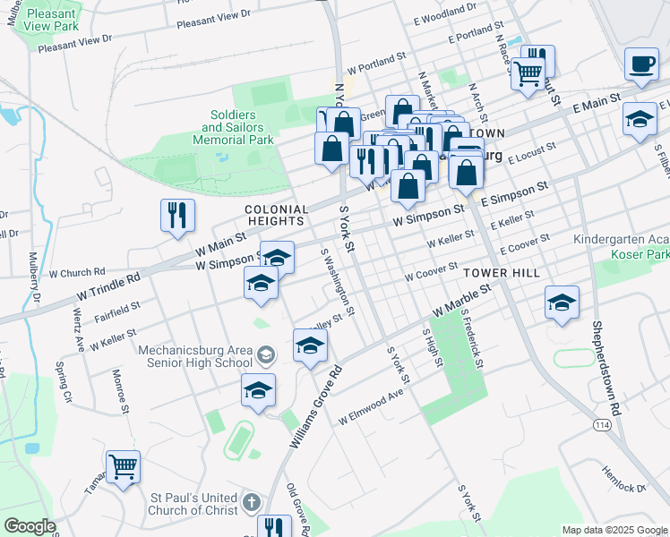 map of restaurants, bars, coffee shops, grocery stores, and more near 300 South York Street in Mechanicsburg
