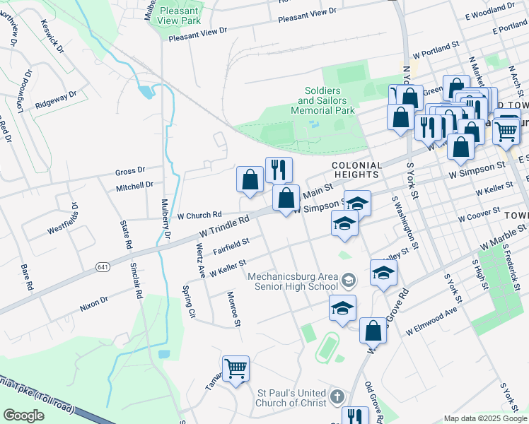 map of restaurants, bars, coffee shops, grocery stores, and more near 705 West Simpson Street in Mechanicsburg