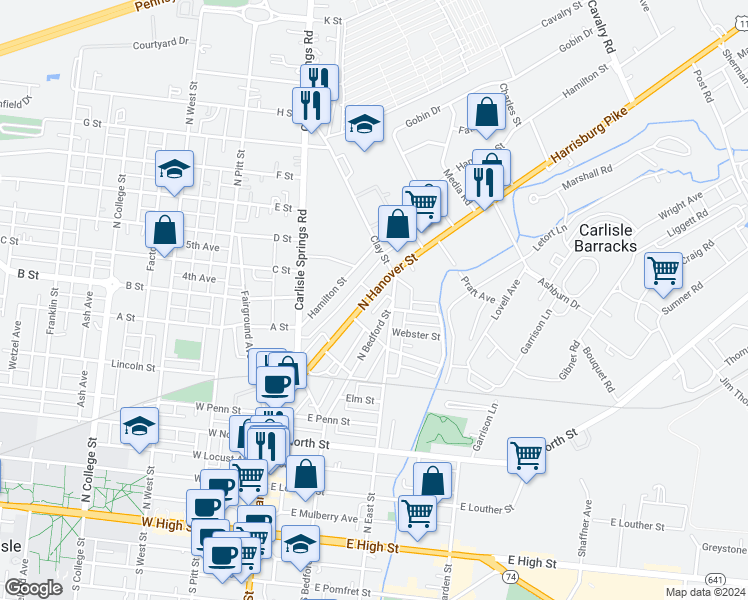 map of restaurants, bars, coffee shops, grocery stores, and more near 635 North Hanover Street in Carlisle