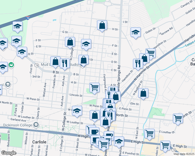 map of restaurants, bars, coffee shops, grocery stores, and more near 94 B Street in Carlisle