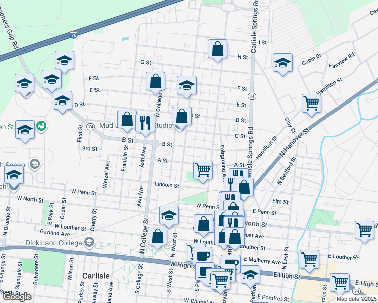 map of restaurants, bars, coffee shops, grocery stores, and more near 520 North West Street in Carlisle