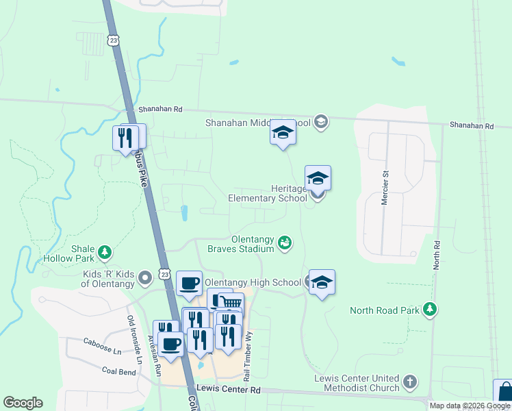 map of restaurants, bars, coffee shops, grocery stores, and more near 5987 Bluestone Way in Lewis Center