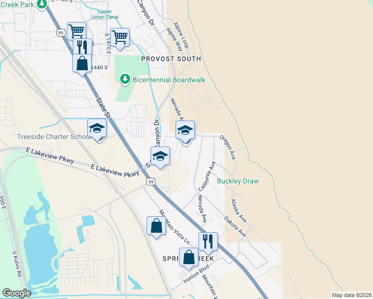map of restaurants, bars, coffee shops, grocery stores, and more near 1740 Nevada Avenue in Provo