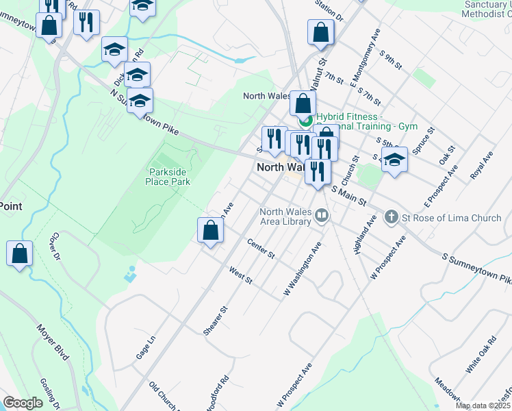 map of restaurants, bars, coffee shops, grocery stores, and more near 304 West Walnut Street in North Wales