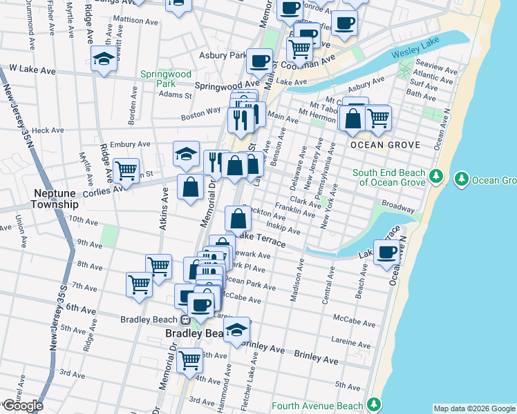 map of restaurants, bars, coffee shops, grocery stores, and more near 139 Stockton Avenue in Neptune Township