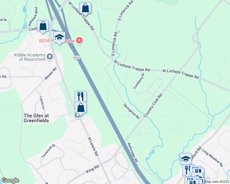 map of restaurants, bars, coffee shops, grocery stores, and more near 30 Springford Road in Royersford