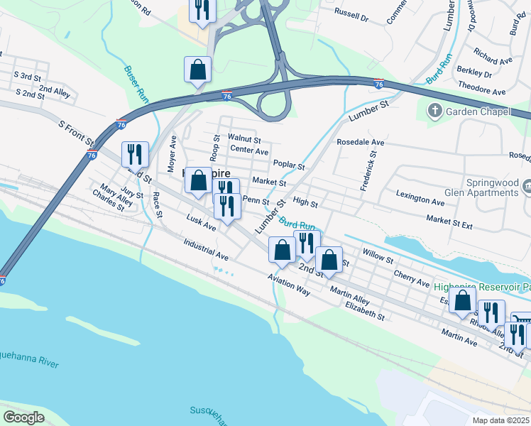 map of restaurants, bars, coffee shops, grocery stores, and more near 290 Broad Street in Highspire