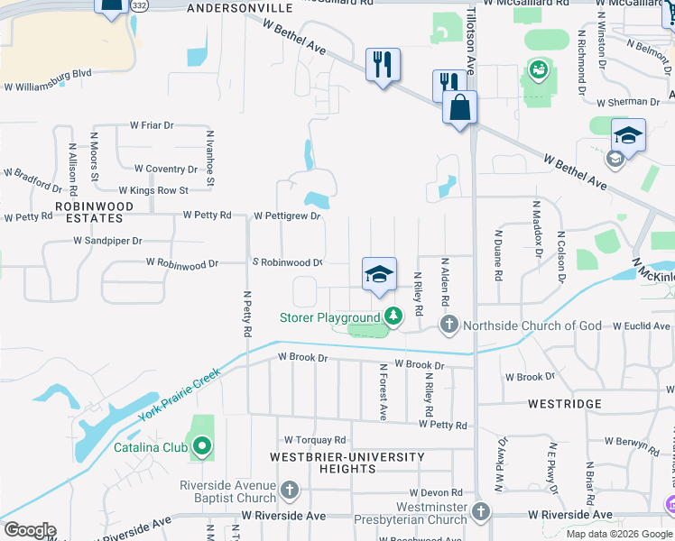 map of restaurants, bars, coffee shops, grocery stores, and more near 3405 W Robinwood Dr in Muncie