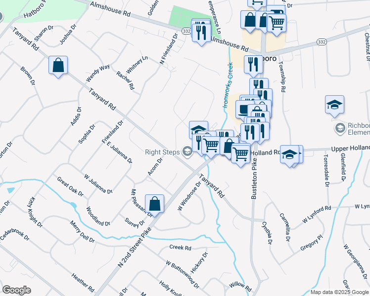 map of restaurants, bars, coffee shops, grocery stores, and more near 15 Deborah Road in Richboro