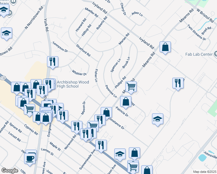 map of restaurants, bars, coffee shops, grocery stores, and more near 513 Penrose Lane in Warminster