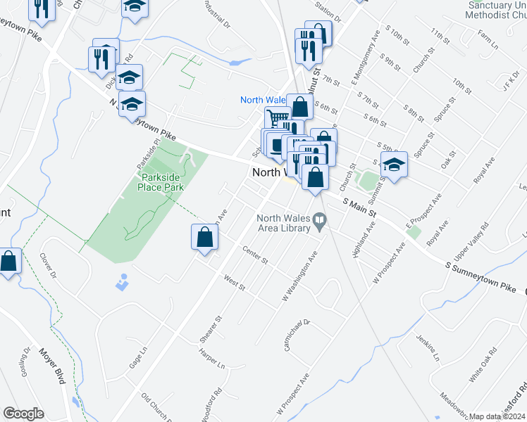 map of restaurants, bars, coffee shops, grocery stores, and more near 213 West Walnut Street in North Wales