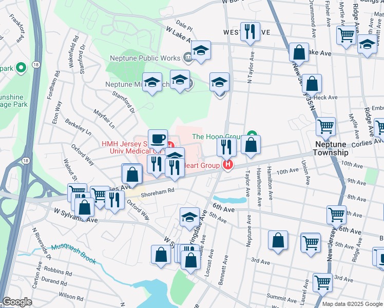 map of restaurants, bars, coffee shops, grocery stores, and more near in Neptune Township