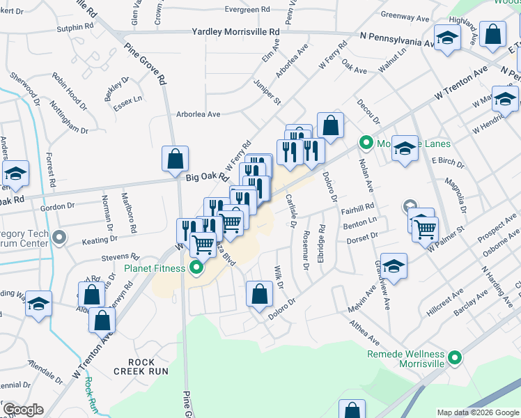map of restaurants, bars, coffee shops, grocery stores, and more near 411 West Trenton Avenue in Morrisville