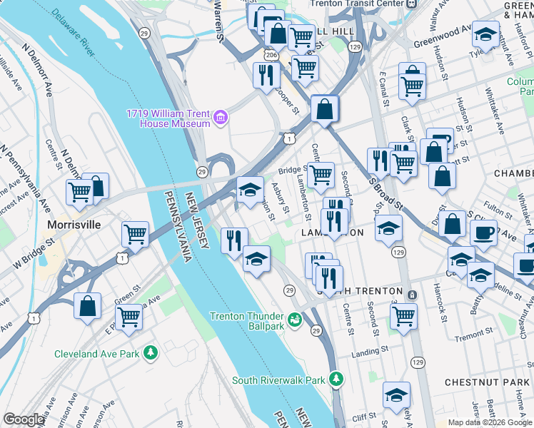 map of restaurants, bars, coffee shops, grocery stores, and more near 12 Iron Works Way in Trenton